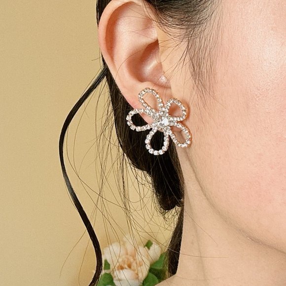 Silver Tone Crystal Cherry Blossom Stud Earrings - Picture 6 of 6